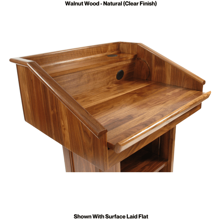 Counselor™ Podium, handcrafted in the USA with premium hardwood, adjustable work surface, built-in storage, and hidden casters.