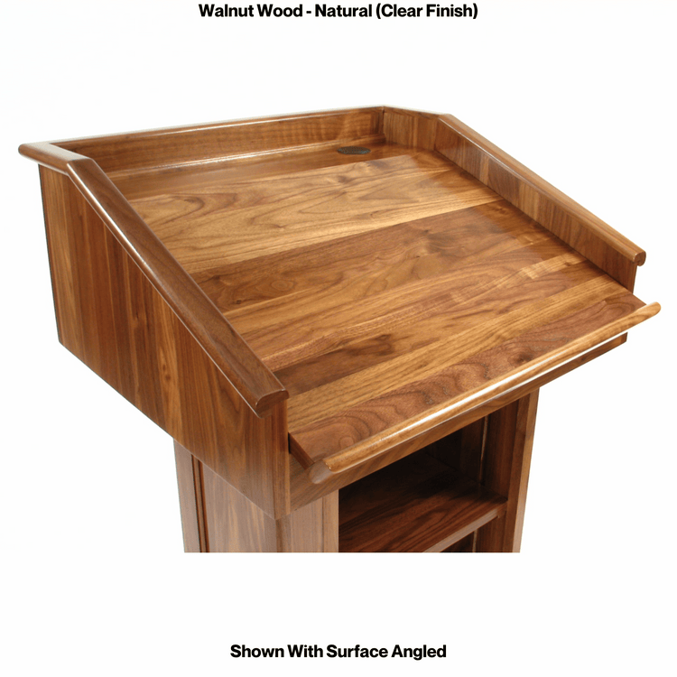 Counselor™ Podium, handcrafted in the USA with premium hardwood, adjustable work surface, built-in storage, and hidden casters.