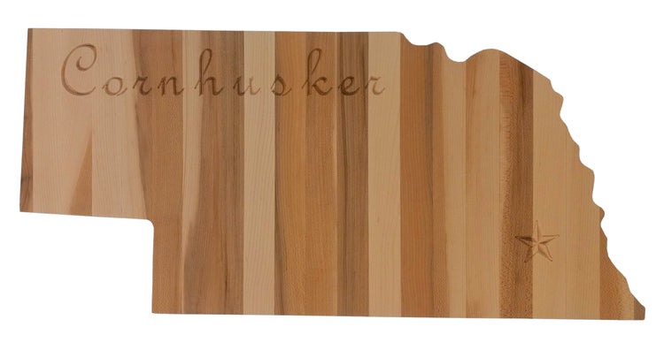 Nebraska Handcrafted state-shaped charcuterie board made from solid American hard maple, featuring engraved details and a food-safe finish.