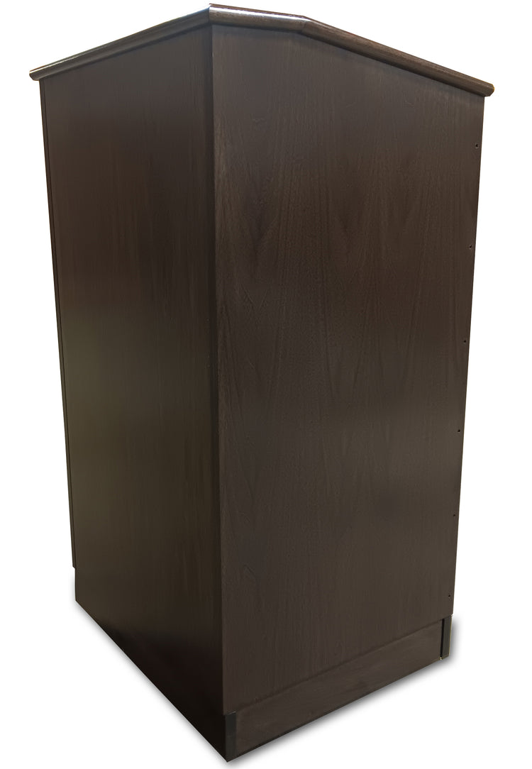 Collegiate™ manual lift podium, made from premium cherry wood with a red mahogany stain, height-adjustable up to 15.5 inches for versatile use.
