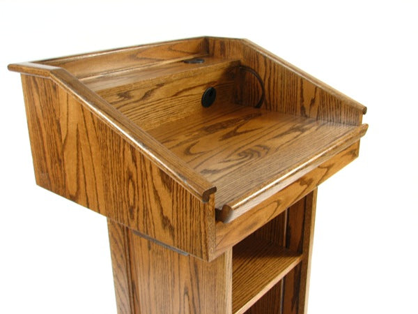 Counselor Podium with 45-degree swivel mechanism, adjustable work surface, and premium hardwood construction.
