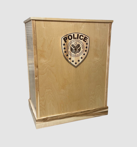 Defender Step-In Workstation with Level III ballistic protection, designed for schools, police stations, and courthouses.