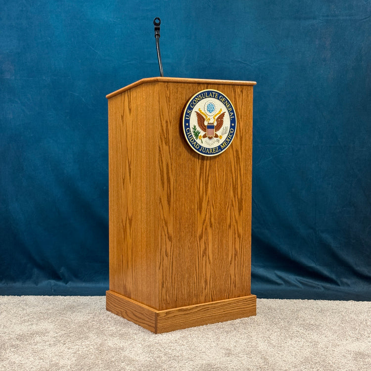 Oak podium with a seal stained early american