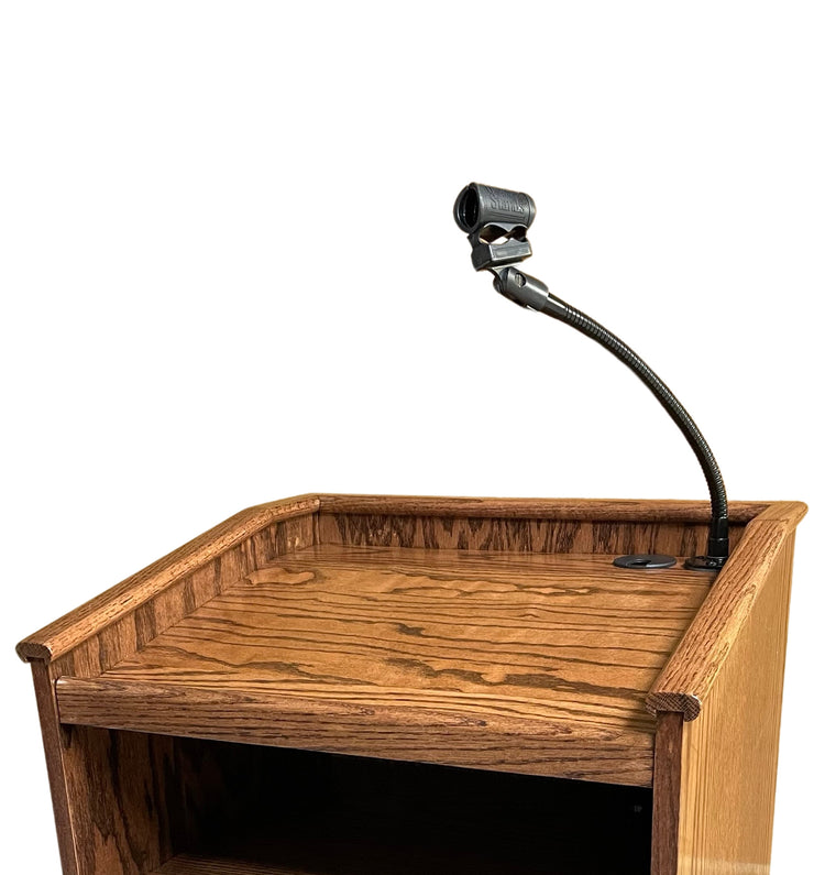 3-piece microphone mounting kit with 13" flexible gooseneck, flange mount, and mic clip for lecterns and podiums. Mic not included.