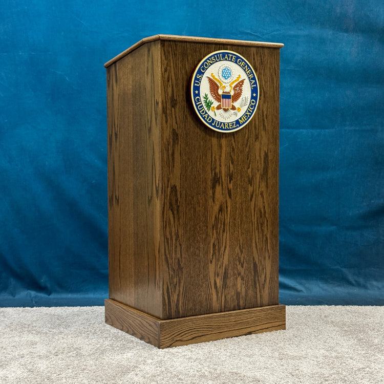 Graduate oak podium with logo seal