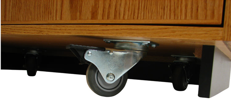 Elegant wood Maitre D' host station with storage, reversible drop-top, and hidden casters for upscale restaurants and hotels.