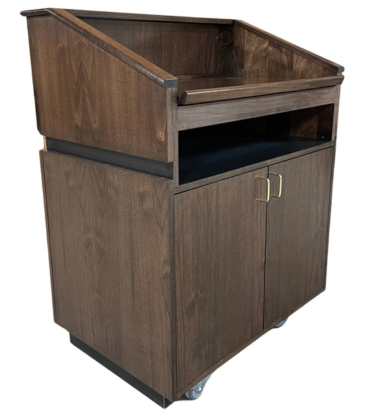 Elegant wood Maitre D' host station with storage, reversible drop-top, and hidden casters for upscale restaurants and hotels.