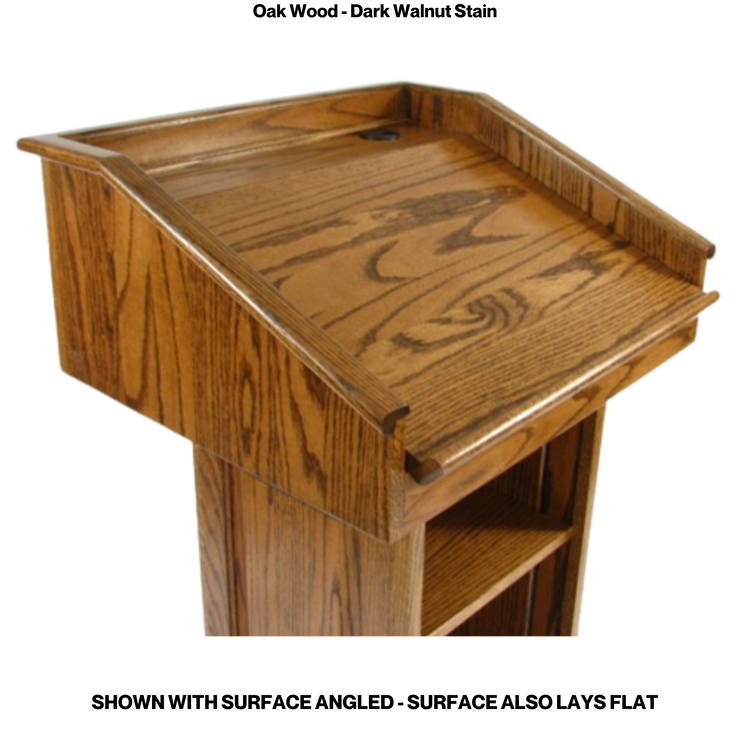 Counselor™ Podium, handcrafted in the USA with premium hardwood, adjustable work surface, built-in storage, and hidden casters.