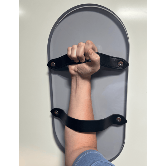 Clear handheld bullet-resistant shield with leather hand strap, NIJ-3A rated to stop .357 SIG and .44 Magnum, made in the USA.