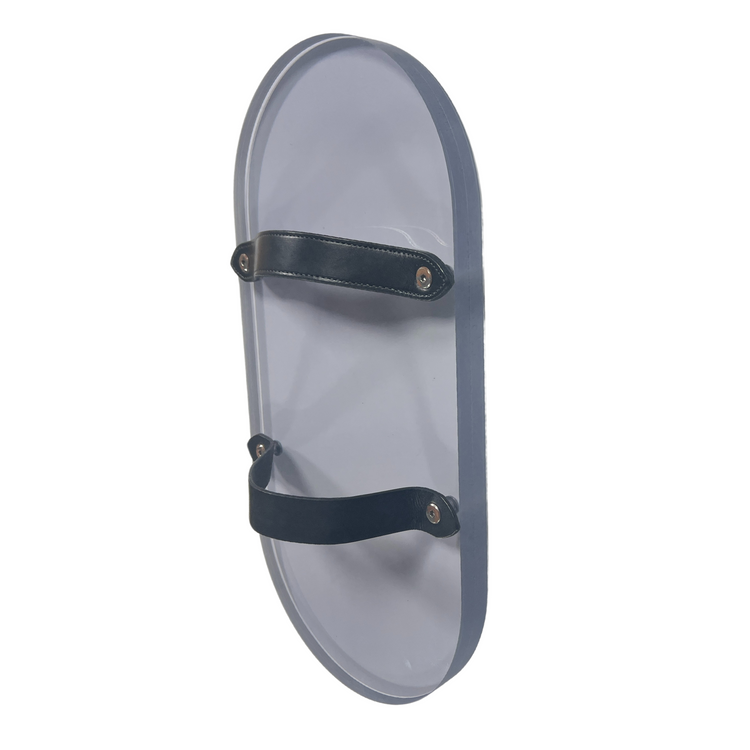 Clear handheld bullet-resistant shield with leather hand strap, NIJ-3A rated to stop .357 SIG and .44 Magnum, made in the USA.