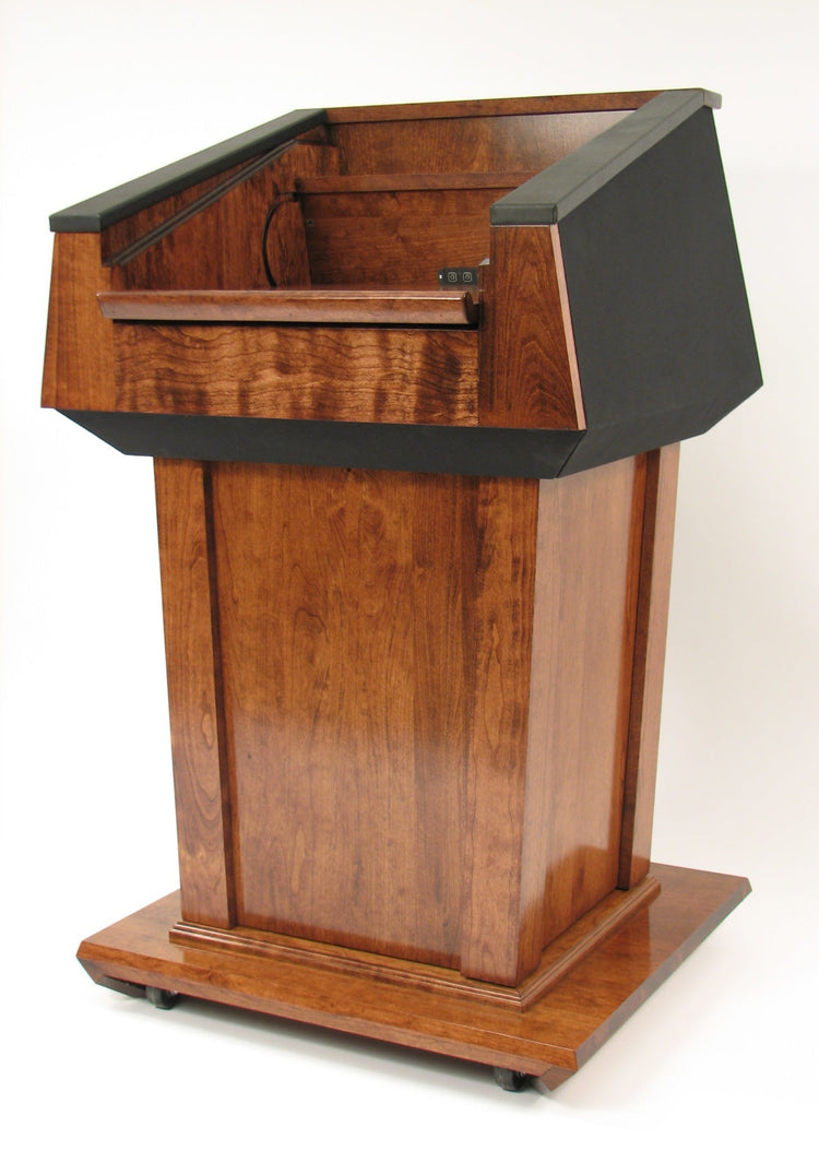 Height-adjustable wooden podium with magnetic front for logos, leather handrails, and a drop-down work surface for presentations.