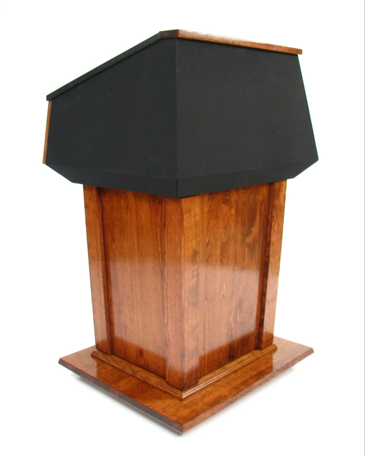 Height-adjustable wooden podium with magnetic front for logos, leather handrails, and a drop-down work surface for presentations.