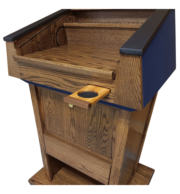 Presidential Plus Evolution podium made in the USA from solid wood. Featuring a pop out cup holder.