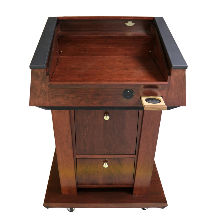Height-adjustable wooden podium with built-in sound system, LED light, microphone, and magnetic auto-aligning logo plaque system.