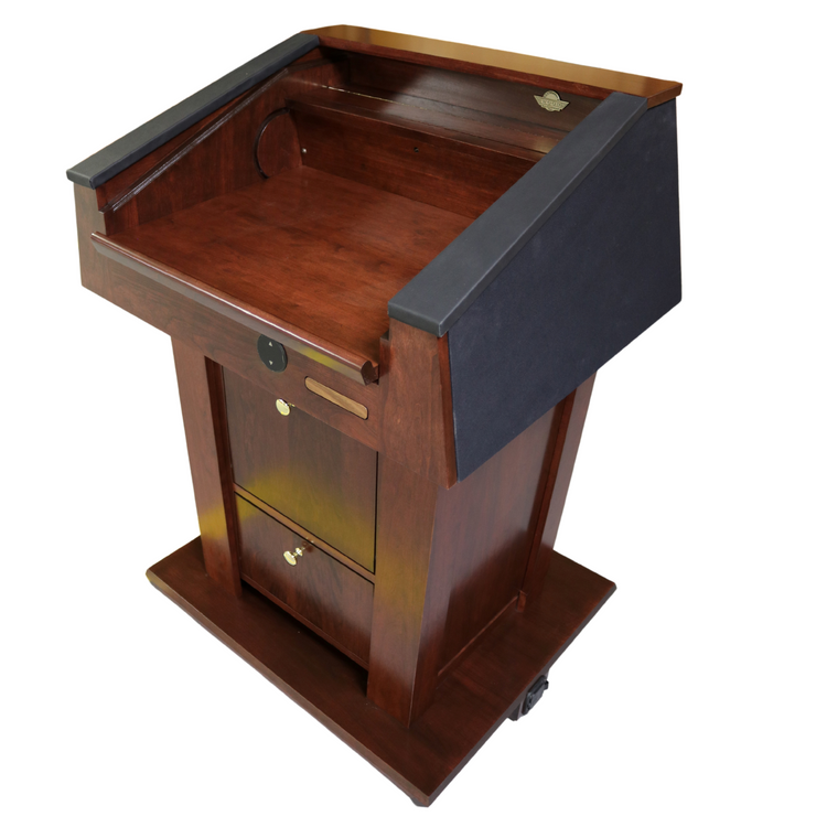 Height-adjustable wooden podium with built-in sound system, LED light, microphone, and magnetic auto-aligning logo plaque system.