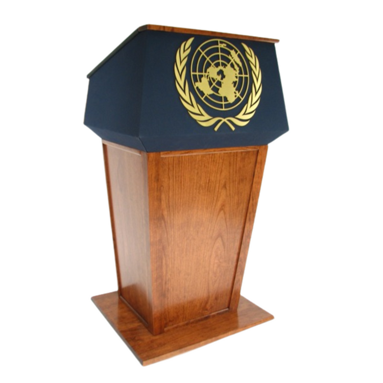 Presidential™ Bullet Resistant Lectern with solid hardwood construction, designed for secure and professional environments. Features sleek, modern design with a protective bullet-resistant shield, ideal for high-security settings like government offices or public events. American made durable