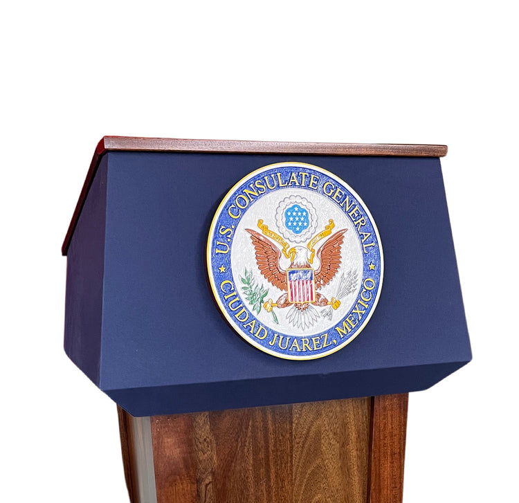 "Presidential Plus Lift™ - Large Height Adjustable Podium, featuring a solid wood construction with a sleek, polished finish. This versatile podium offers easy height adjustment, providing comfort and flexibility for a wide range of users in professional and formal settings." American made podium durable podium height adjustable podium