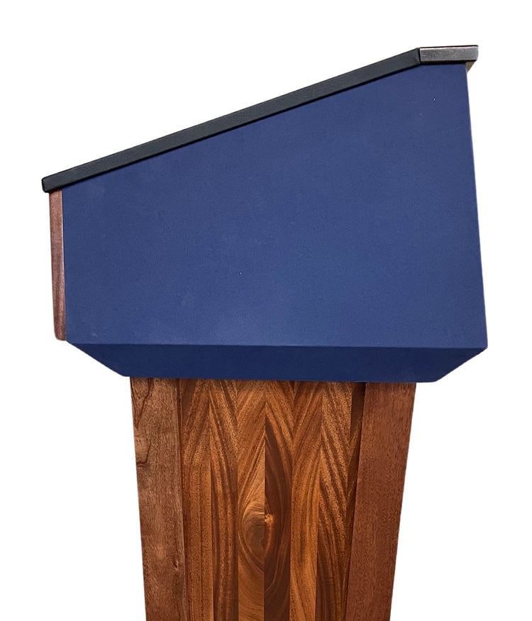 "Presidential Plus Lift™ - Large Height Adjustable Podium, featuring a solid wood construction with a sleek, polished finish. This versatile podium offers easy height adjustment, providing comfort and flexibility for a wide range of users in professional and formal settings." American made podium durable podium height adjustable podium