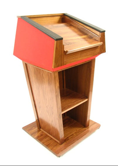 "Presidential™ Solid Hardwood Podium featuring a sleek, classic design with rich wood finish. The podium is crafted from solid hardwood, providing a sturdy and elegant stand for presentations, speeches, and lectures. Ideal for professional settings like conferences, universities, and executive meetings. TEXTILE FABRIC COVERING TOP SEAMLESS AMERICAN MADE HANDCRAFTED LECTERN MOBILE