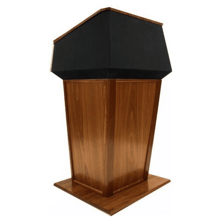 "Presidential™ Solid Hardwood Podium featuring a sleek, classic design with rich wood finish. The podium is crafted from solid hardwood, providing a sturdy and elegant stand for presentations, speeches, and lectures. Ideal for professional settings like conferences, universities, and executive meetings. TEXTILE FABRIC COVERING TOP SEAMLESS AMERICAN MADE HANDCRAFTED LECTERN MOBILE