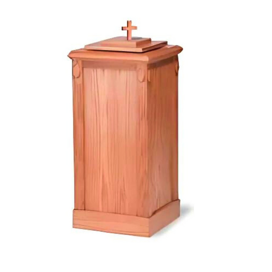 A beautifully crafted wooden baptismal font with a rich wood stain, showcasing intricate detailing and a polished finish, placed in a serene, sacred space