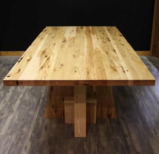Handcrafted executive office table with a luxurious solid rustic hickory wood top. The table features a rich, natural finish with unique wood grain patterns, adding a touch of sophistication and durability to any office space. American made durable handcrafted