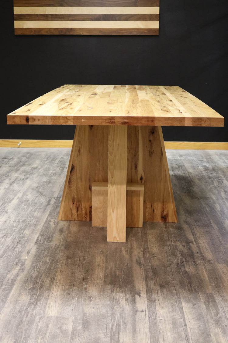 Handcrafted executive office table with a luxurious solid rustic hickory wood top. The table features a rich, natural finish with unique wood grain patterns, adding a touch of sophistication and durability to any office space. American made durable