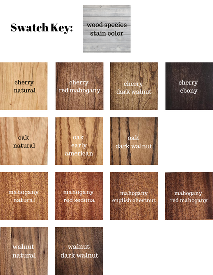 SWATCH KEY WOOD SPECIES STAIN COLOR ENGLISH CHESTNUT RED MAHOGANY EBONY