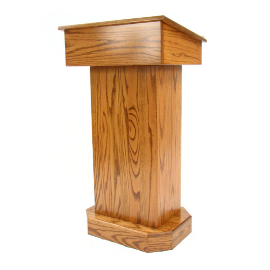 "Senator™ Solid Hardwood Podium, featuring a sleek design made from durable solid wood. It includes a spacious work surface, hidden rear casters for easy mobility, and ample storage space for supplies. Perfect for schools, churches, and event venues." American made craftsmanship Lectern