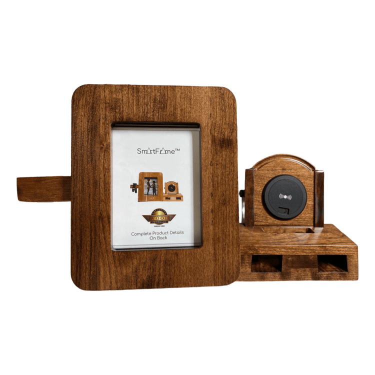SmartFrame™ wood charging station holds a 5x7 photo, wirelessly charges phones & watches, and amplifies sound. Made in USA.