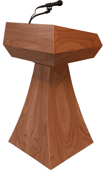 "Elegant Statesman Slim™ Solid Hardwood Lectern featuring a sleek, contemporary design with rich wood grain, offering a professional and sturdy platform for speeches and presentations. American made craftsmanship.