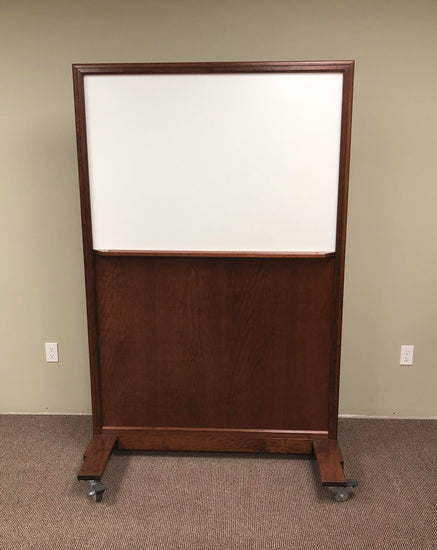 Portable NIJ Level III ballistic panel with a whiteboard, tackable surface, and locking casters for school safety and security.