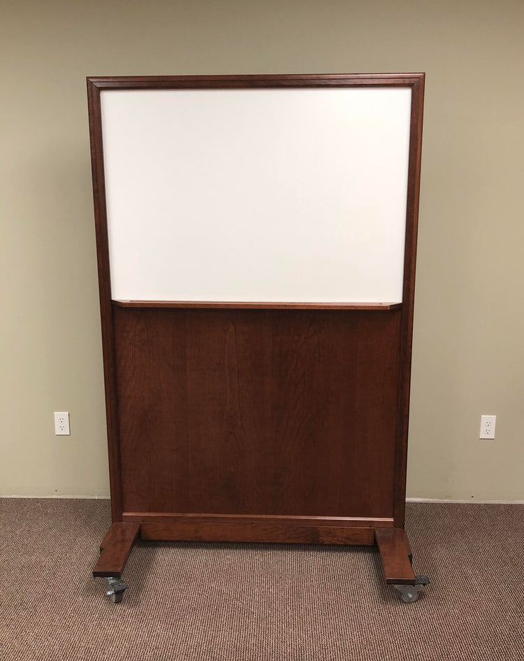 Portable NIJ Level III ballistic panel with a whiteboard, tackable surface, and locking casters for school safety and security.