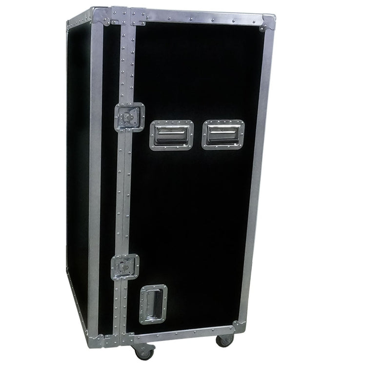 Heavy-duty lectern travel case with rugged construction, secure latches, rolling wheels, and custom size options for safe transport.