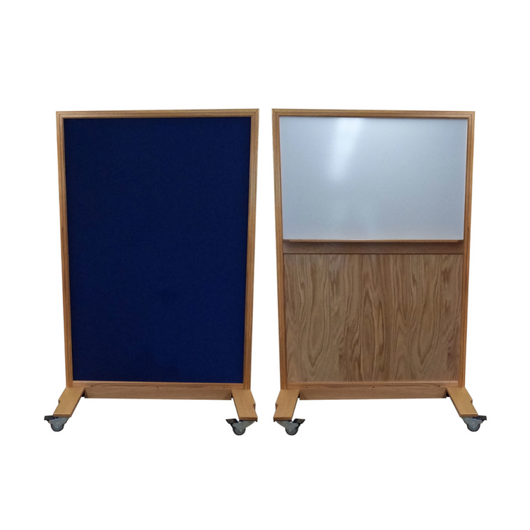 Portable NIJ Level III ballistic panel with a whiteboard, tackable surface, and locking casters for school safety and security.