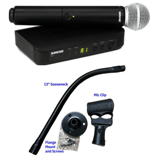 A wireless handheld microphone with a flexible gooseneck mount, designed for easy positioning and clear, crisp sound in any setting. Perfect for presentations, performances, and events."
