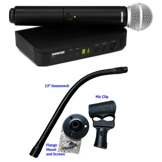 A wireless handheld microphone with a flexible gooseneck mount, designed for easy positioning and clear, crisp sound in any setting. Perfect for presentations, performances, and events."