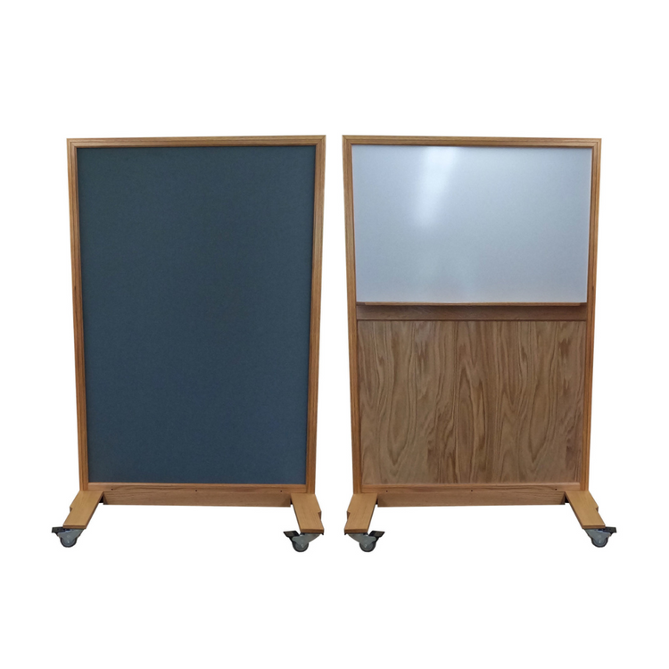 Portable NIJ Level III ballistic panel with a whiteboard, tackable surface, and locking casters for school safety and security.