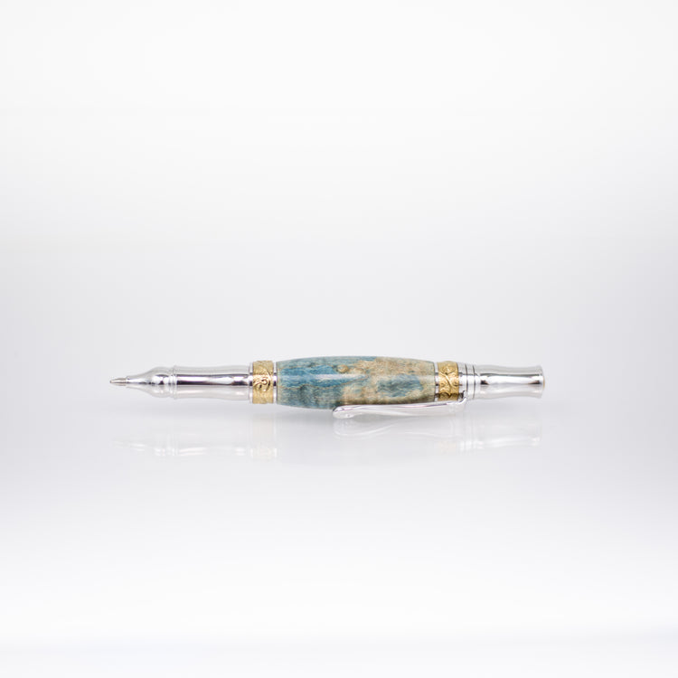 Heirloom Handcrafted Blue Dyed Curly Maple Ink Pen with Metal Body and 24k Gold