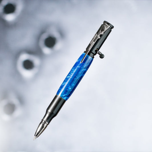 Handcrafted sapphire blue bolt action pen with rifle clip and bullet tip
