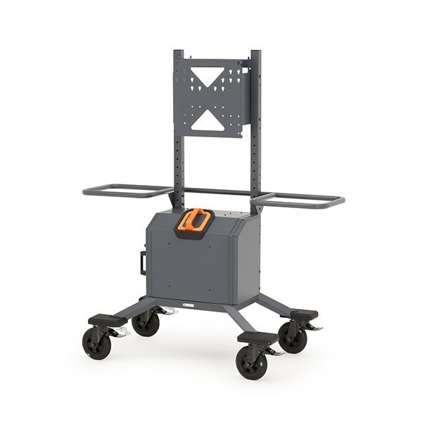 Cordless Explorer AV display cart with locking casters and integrated battery system