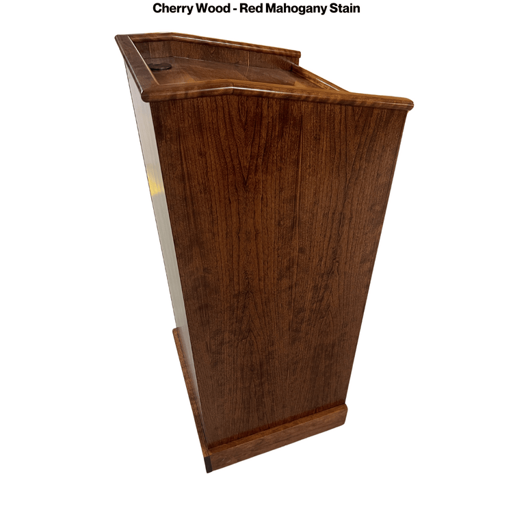 Collegiate™ CPD677 podium, handcrafted from cherry with pullout shelf, wire management, and hidden casters for easy mobility.