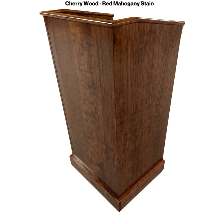 Collegiate™ CPD677 podium, handcrafted from cherry with pullout shelf, wire management, and hidden casters for easy mobility.