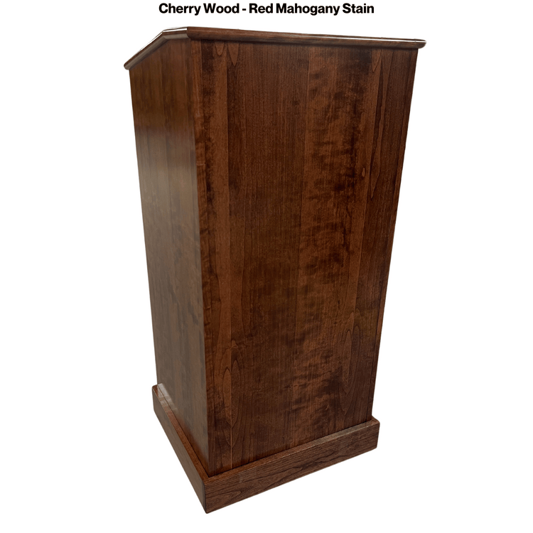 Collegiate™ CPD677 podium, handcrafted from cherry with pullout shelf, wire management, and hidden casters for easy mobility.