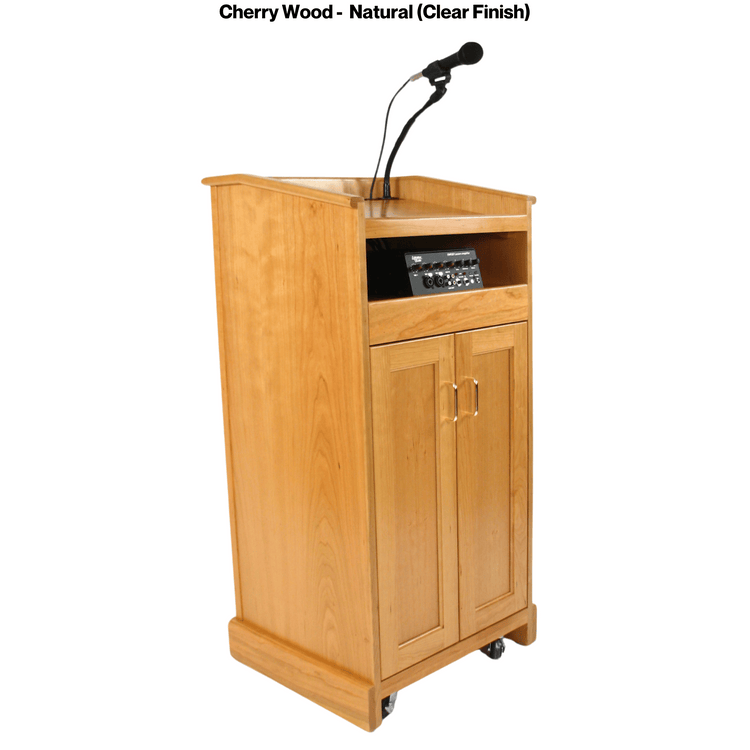 Collegiate Evolution podium, handcrafted in the USA from solid cherry, featuring a built-in sound system, mobility casters, and storage options.