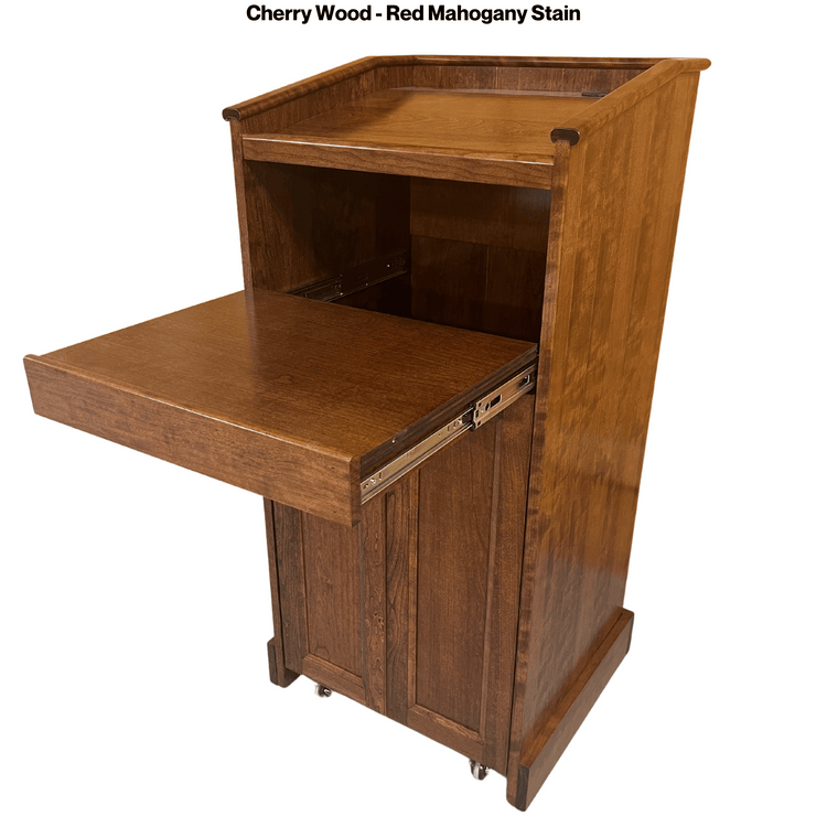 Collegiate™ CPD677 podium, handcrafted from cherry with pullout shelf, wire management, and hidden casters for easy mobility.