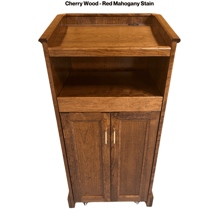 Collegiate™ CPD677 podium, handcrafted from cherry with pullout shelf, wire management, and hidden casters for easy mobility.