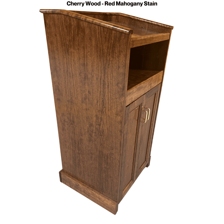 Collegiate™ CPD677 podium, handcrafted from cherry with pullout shelf, wire management, and hidden casters for easy mobility.