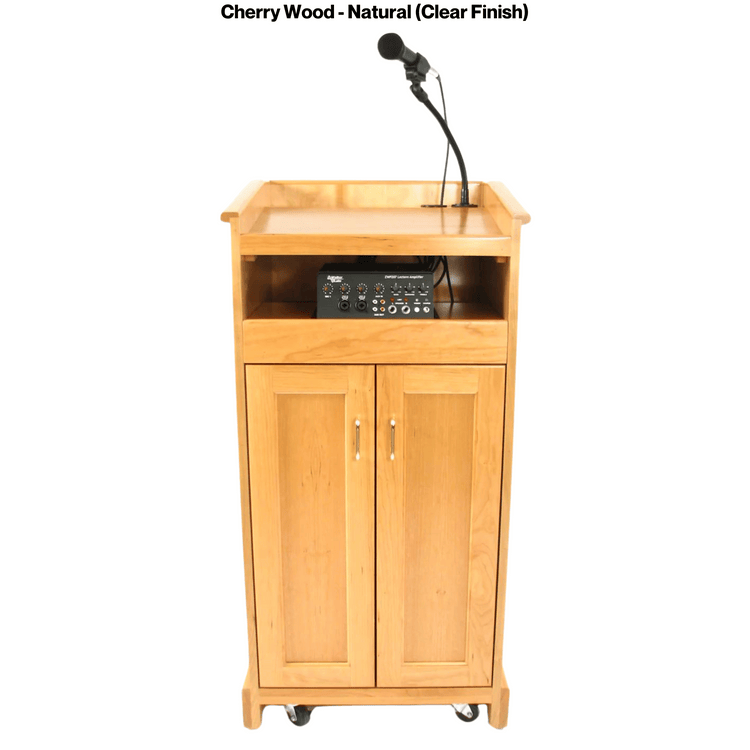 Collegiate Evolution podium, handcrafted in the USA from solid cherry, featuring a built-in sound system, mobility casters, and storage options.