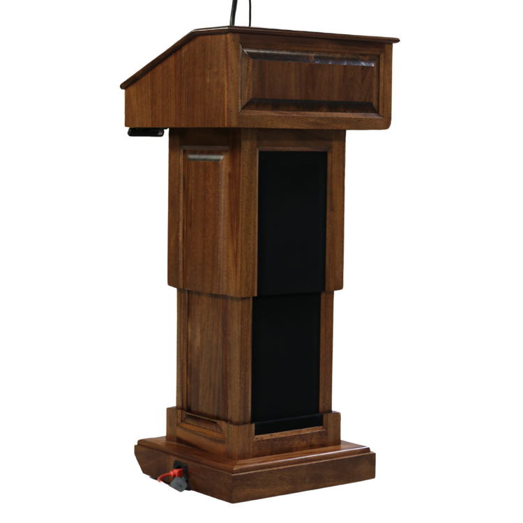 The Counselor Evolution Lift™ podium, handcrafted from mahogany wood, features power adjustable height, built-in sound system, and casters.